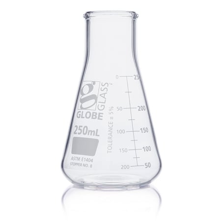 Globe Scientific Flask, Erlenmeyer, Globe Glass, 250mL, Wide Mouth, Dual Graduations, ASTM E1404, 12/Box 8410250